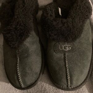 UGG Black Suede Shearling Cuff Slip-Ons